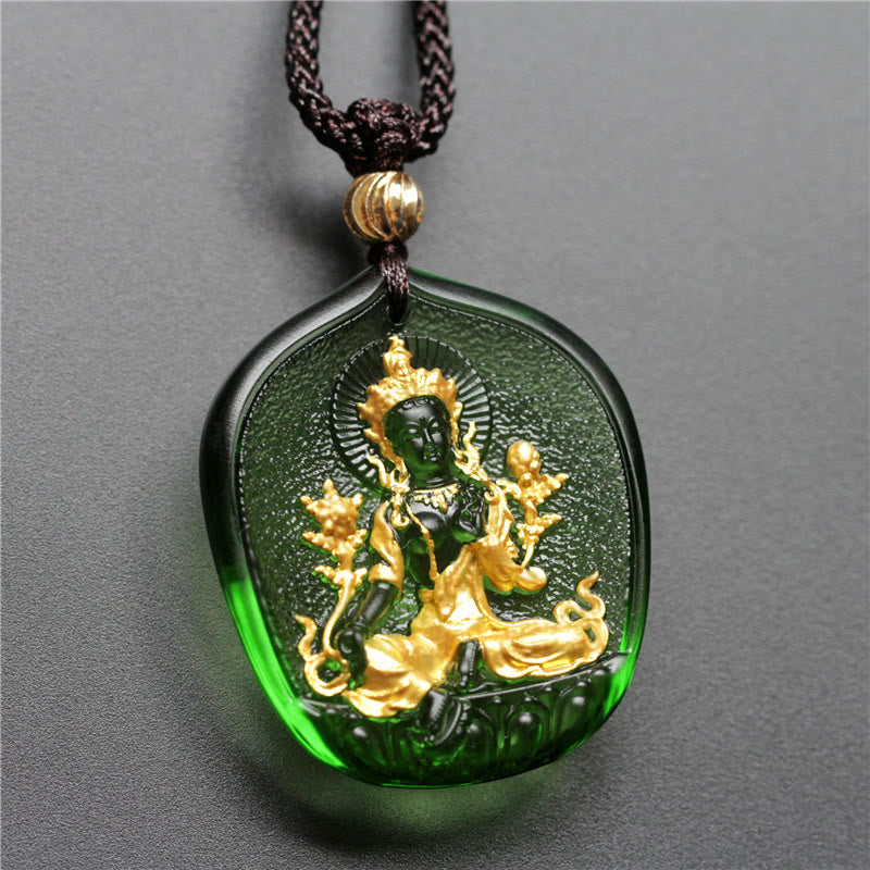 KarmaRipple's Tibetan Green Tara Buddha Gold Plated Liuli Gemstone Protection Pendant Necklace p9