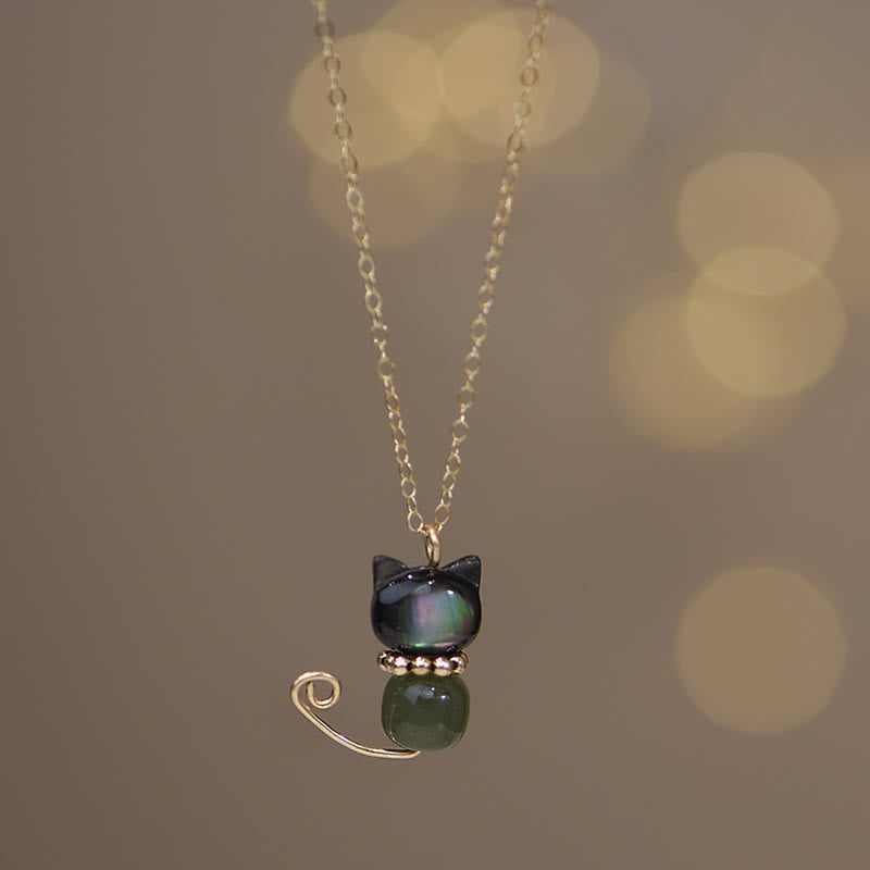 KarmaRipple's 14K Gold Plated Pearl Hetian Jade Shell Fortune Cat Kitten Pendant Necklace p17