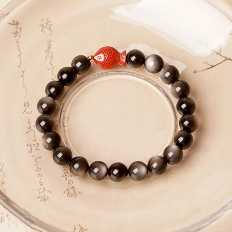 KarmaRipple's Authentic Silver Sheen Obsidian Cinnabar Koi Fish Soothing Protection Bracelet p10