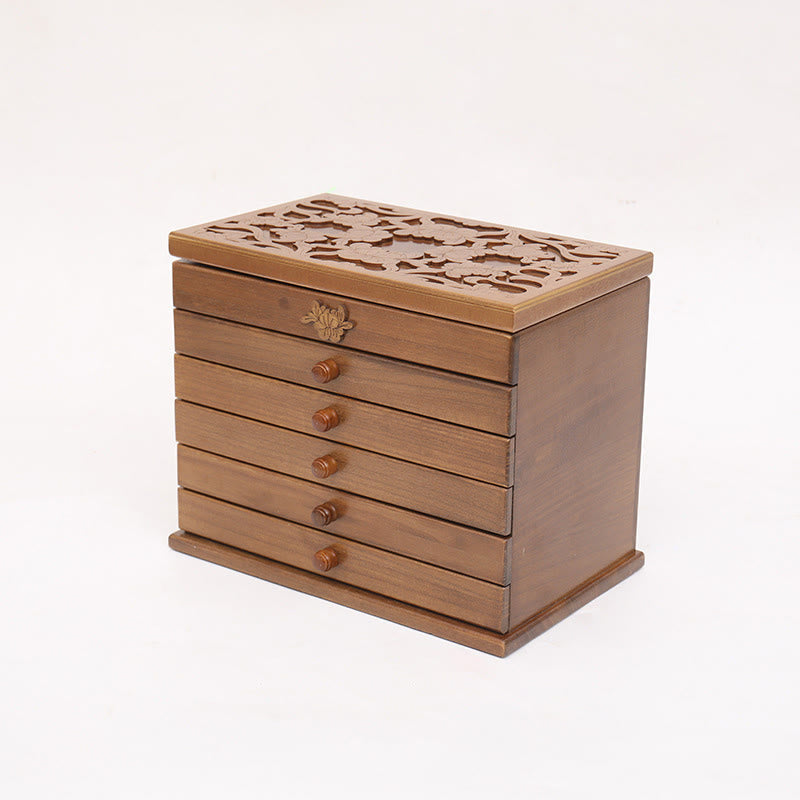 KarmaRipple's Large Capacity Vintage Flowers Carved Wooden Jewelry Box Six-Layer Jewelry Storage Box p9