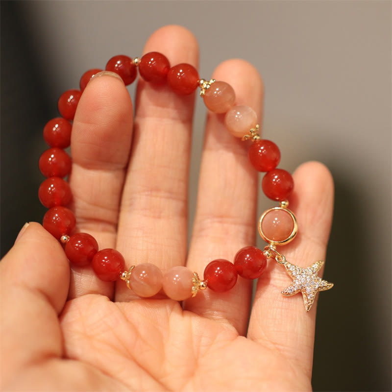 KarmaRipple's Sun Stone Peach Moonstone Red Agate Gemstone Star Wealth Bracelet p9
