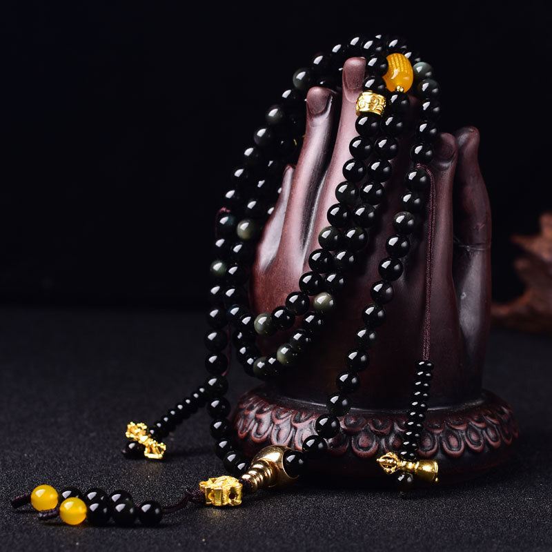 KarmaRipple's 108 Beadwork Authentic Black Obsidian Lotus Fulfilment Mala Bracelet p2