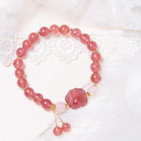 KarmaRipple's Authentic Strawberry Quartz Pink Gemstone Fortunate Cat Paw Love Bracelet
