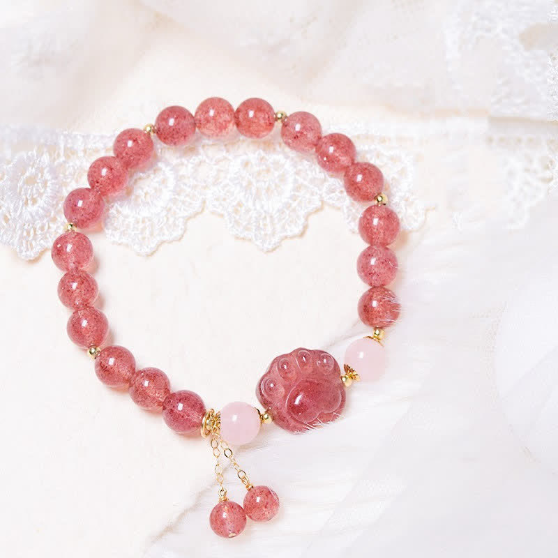 KarmaRipple's Authentic Strawberry Quartz Pink Gemstone Fortunate Cat Paw Love Bracelet p10