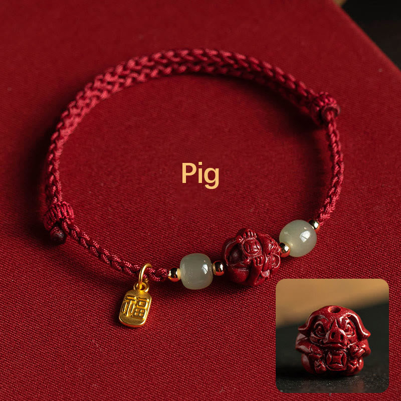 KarmaRipple's Authentic Cinnabar Chinese Zodiac Hetian Jade Fu Character Fortune Rope Bracelet p47