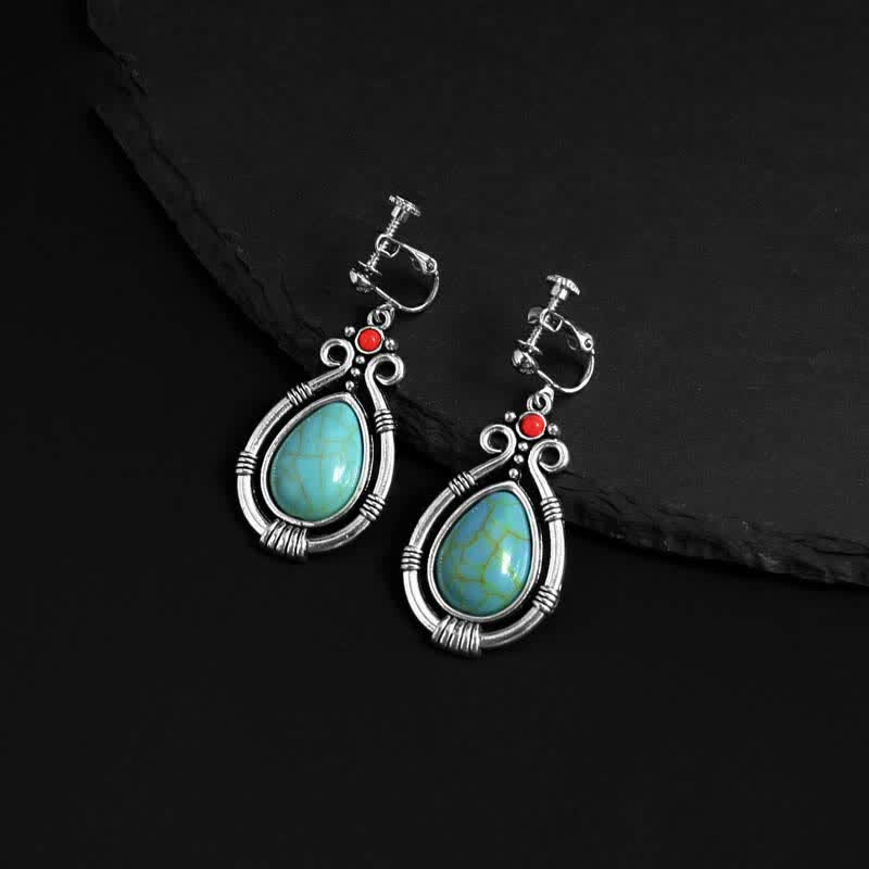 KarmaRipple's Tibet Vintage Turquoise Waterdrop Strength Drop Dangle Earrings Clips p16