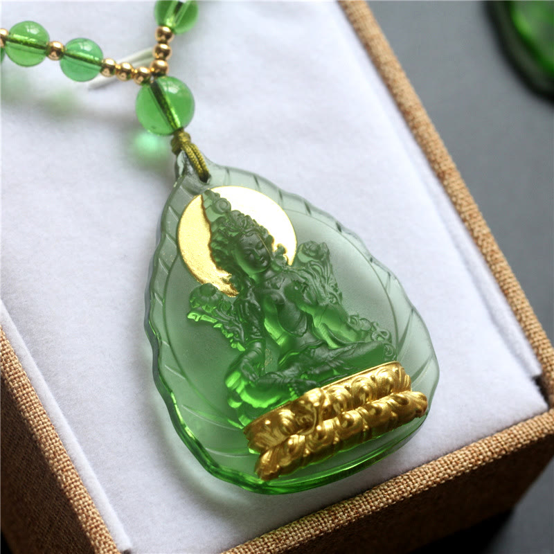 KarmaRipple's Tibetan Green Tara Buddha Gold Plated Liuli Gemstone Protection Pendant Necklace p6