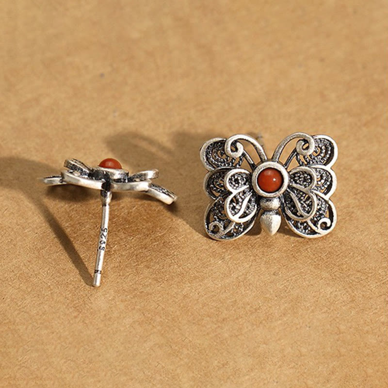 KarmaRipple's 925 Sterling Silver Red Agate Butterfly Self-acceptance Ring Earrings Set p16