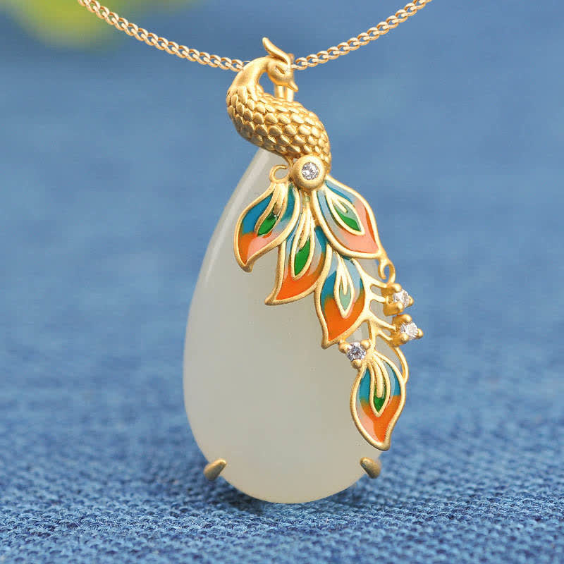 KarmaRipple's Ivory Jade Peacock Protection Pendant Chain Necklace p2