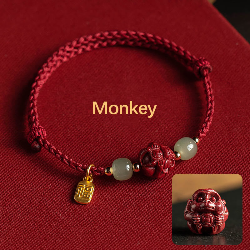 KarmaRipple's Authentic Cinnabar Chinese Zodiac Hetian Jade Fu Character Fortune Rope Bracelet p44