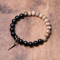 KarmaRipple's Tibetan Bodhi Seed Black Obsidian Ebony Wood Bronze Peace Bracelet