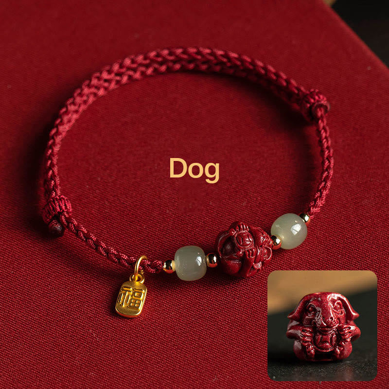 KarmaRipple's Authentic Cinnabar Chinese Zodiac Hetian Jade Fu Character Fortune Rope Bracelet p46