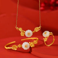 KarmaRipple's 925 Sterling Silver Plated Gold Hetian Jade Plum Blossom Fortune Pendant Necklace Bracelet Bangle Ring