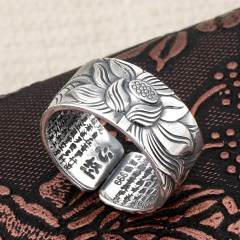 KarmaRipple's 999 Sterling Silver Lotus Symbol Heart Sutra Protection Ring p3