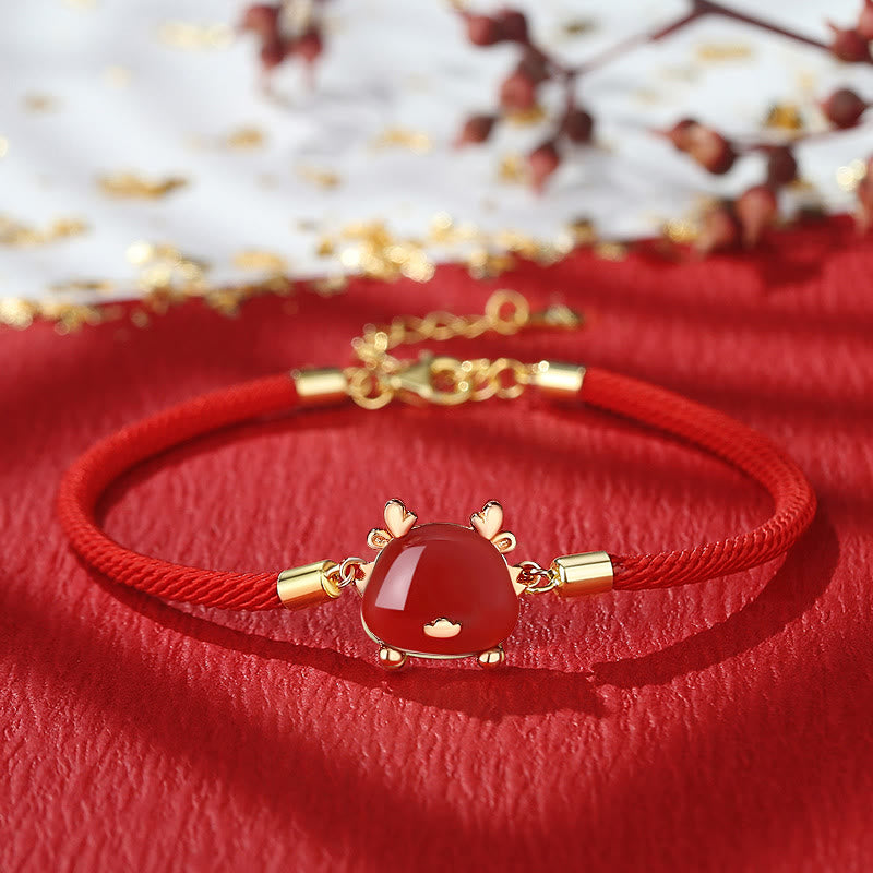 KarmaRipple's 925 Sterling Silver Year of the Dragon Authentic Hetian Jade Red Agate Cute Dragon Protection Success Bracelet Pendant Necklace Earrings ( p21