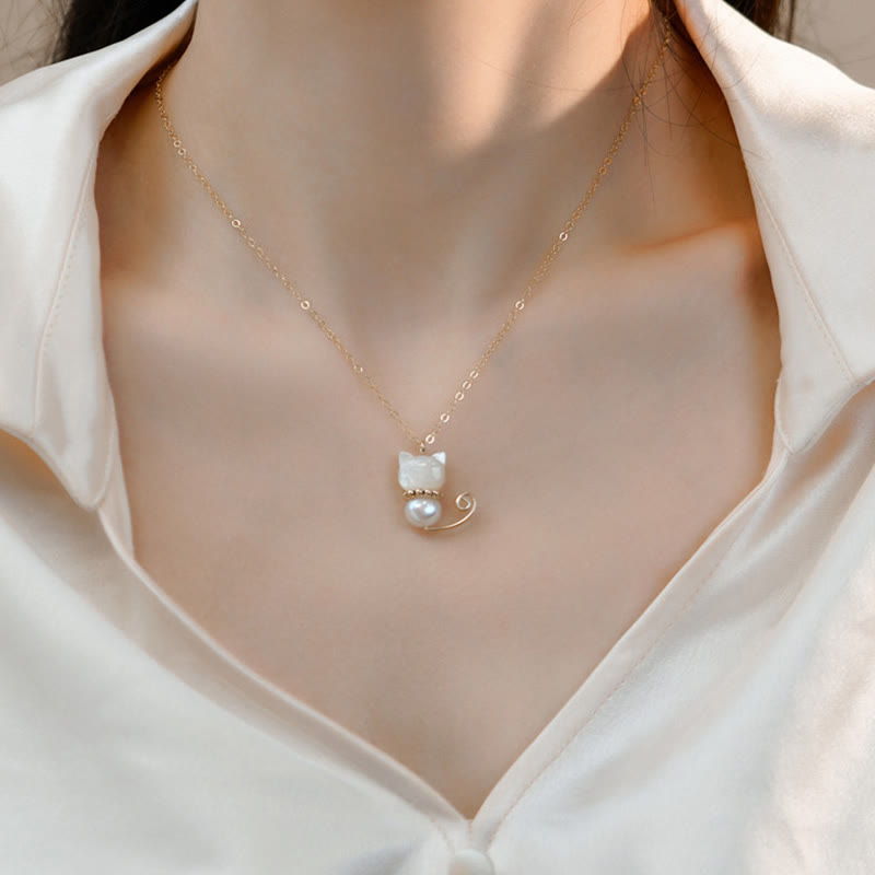 KarmaRipple's 14K Gold Plated Pearl Hetian Jade Shell Fortune Cat Kitten Pendant Necklace p5