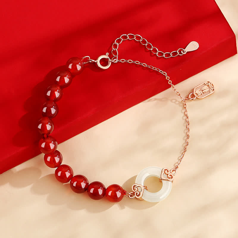 KarmaRipple's 925 Sterling Silver Authentic Red Agate Ivory Jade Peace Buckle Confidence Bracelet p2