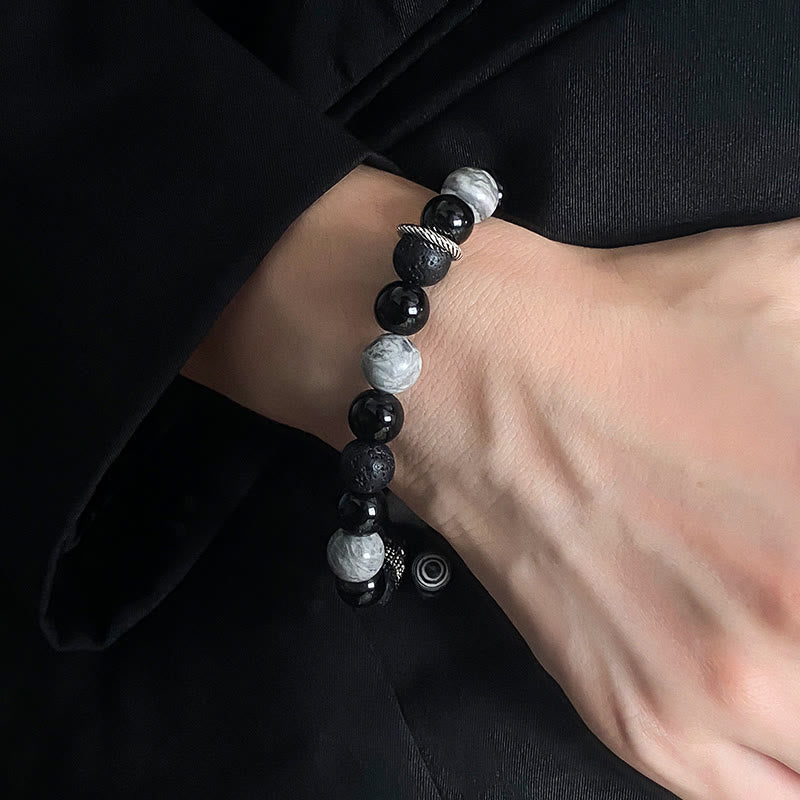 KarmaRipple's Vintage Lava Rock Black Obsidian Picasso Jasper Beadwork Support Rope Bracelet p5